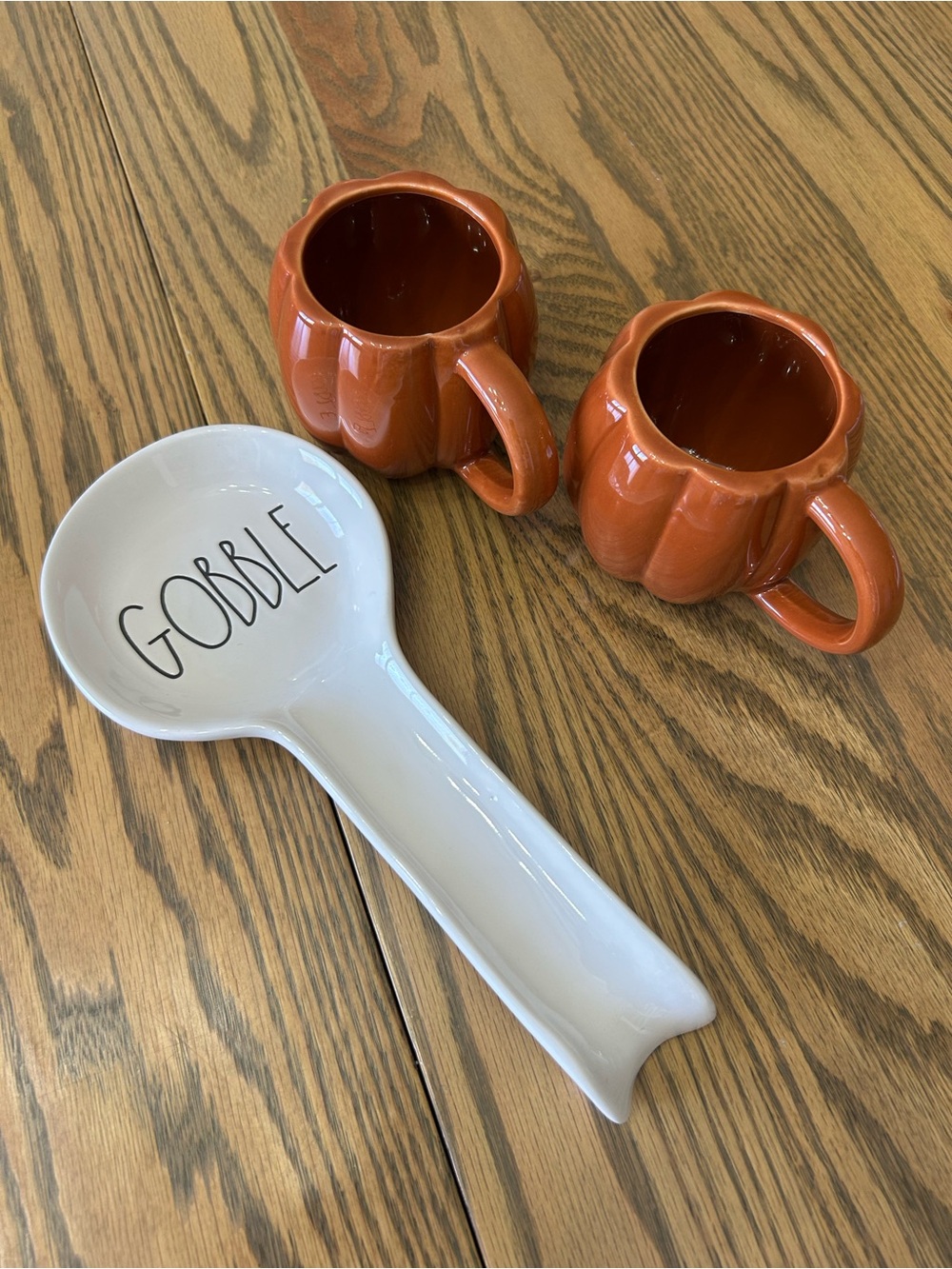Rae Dunn White 'GOBBLE' Ceramic Spoon Rest with Pumpkin Mug Pair, sold as set